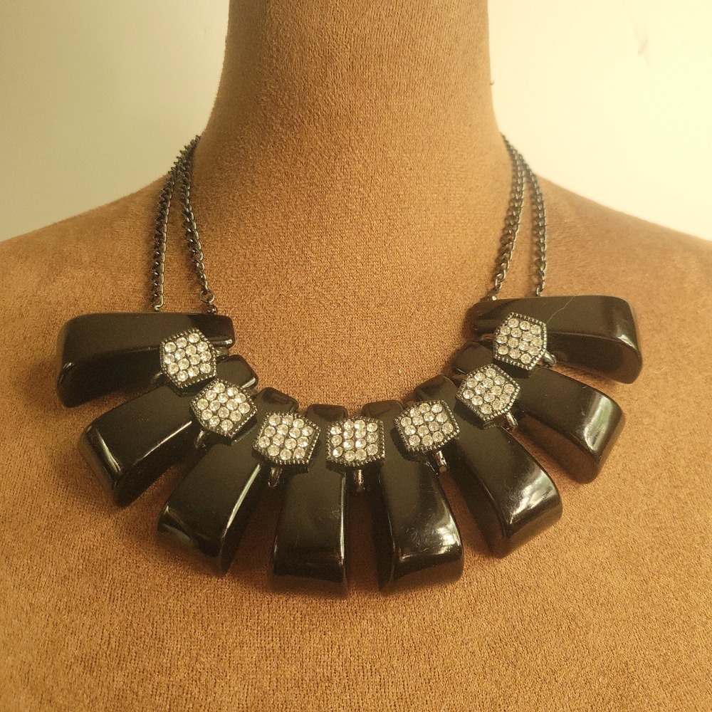 Black Chunky Statement Necklace Rhinestone Gunmetal Chain 14 Inch Size Small